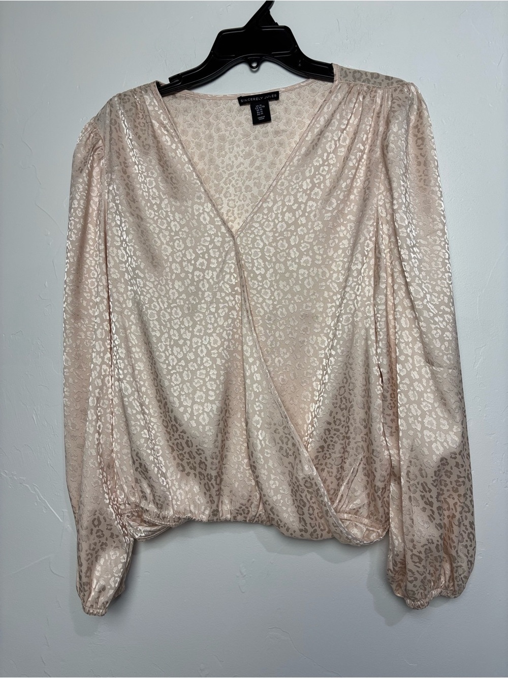 Sincerely Jules Peach Satin Blouse Leopard Faux Wrap Women XL Elastic Waist Cuff